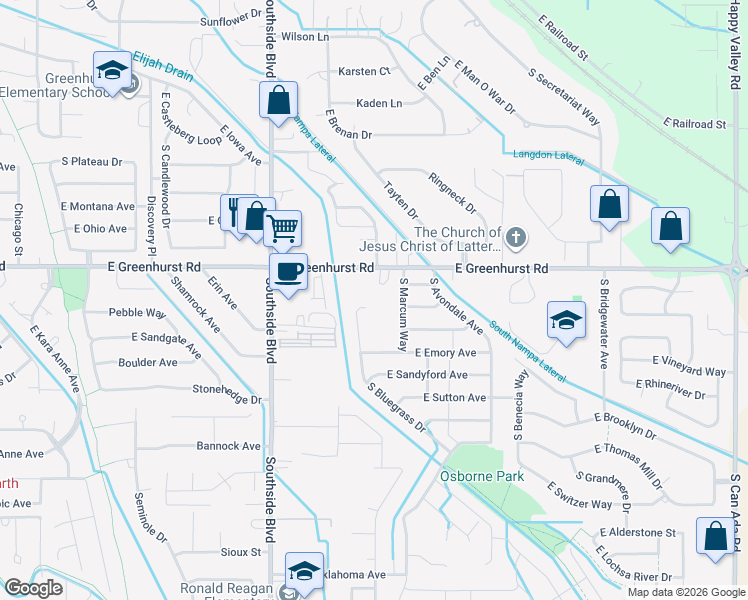 map of restaurants, bars, coffee shops, grocery stores, and more near 3325 East Greenhurst Road in Nampa