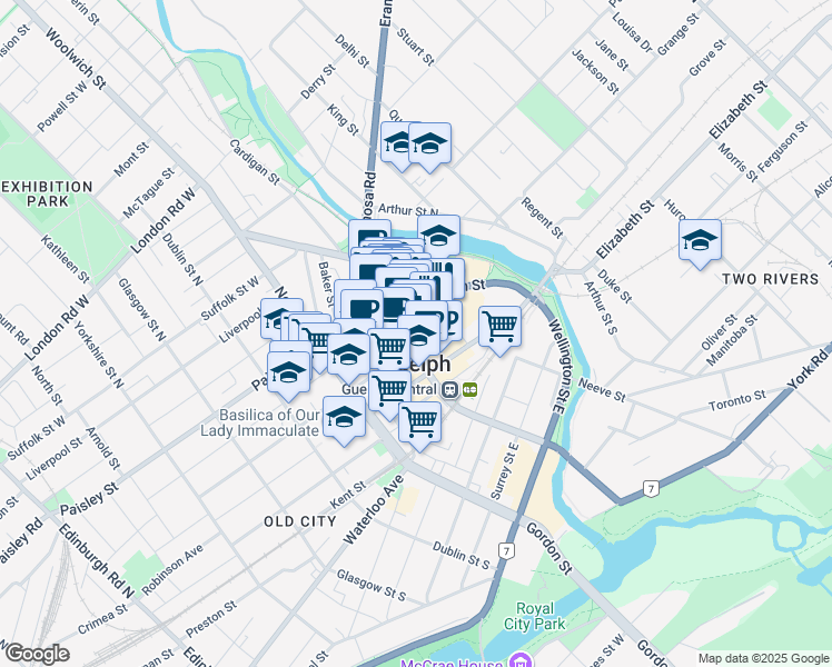 map of restaurants, bars, coffee shops, grocery stores, and more near 51 Wyndham Street North in Guelph
