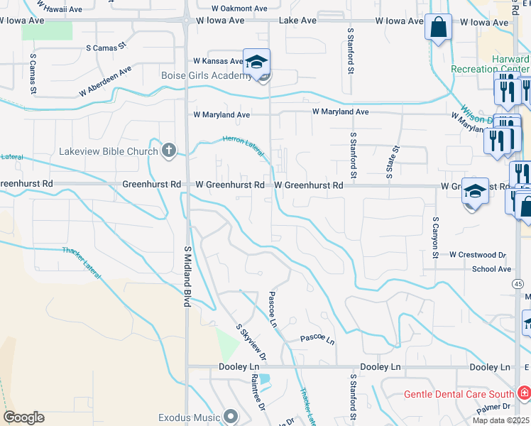 map of restaurants, bars, coffee shops, grocery stores, and more near 2337 Pascoe Lane in Nampa