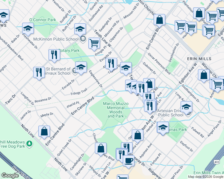 map of restaurants, bars, coffee shops, grocery stores, and more near 5198 Adobe Court in Mississauga