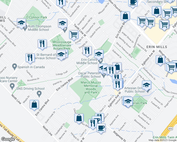 map of restaurants, bars, coffee shops, grocery stores, and more near 5198 Adobe Court in Mississauga