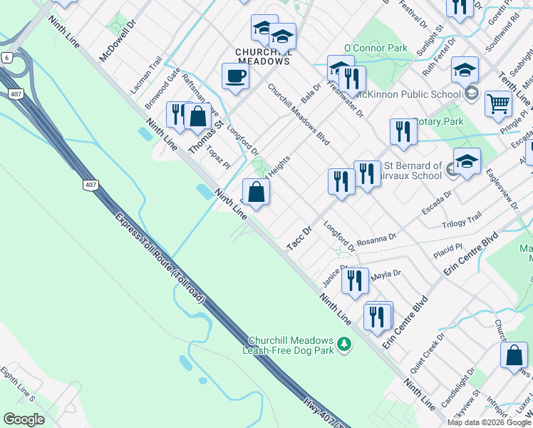 map of restaurants, bars, coffee shops, grocery stores, and more near 5544 Linwell Place in Mississauga