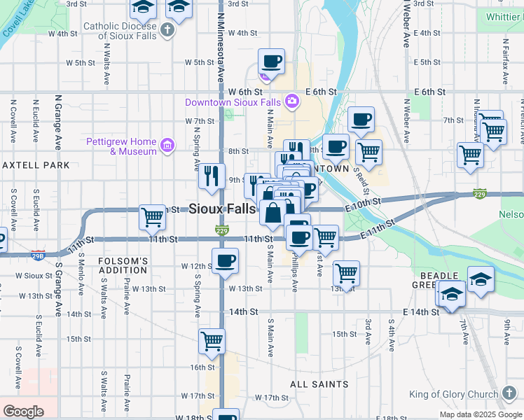 map of restaurants, bars, coffee shops, grocery stores, and more near 235 West 10th Street in Sioux Falls
