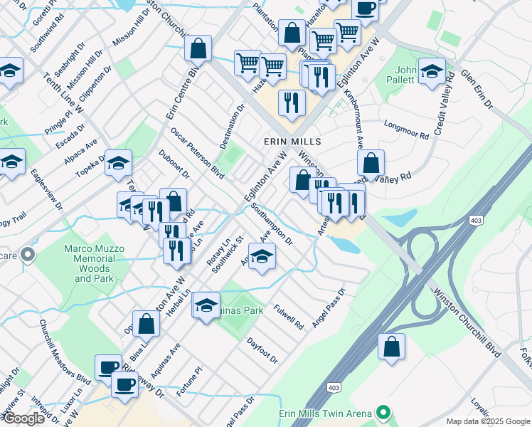 map of restaurants, bars, coffee shops, grocery stores, and more near in Mississauga