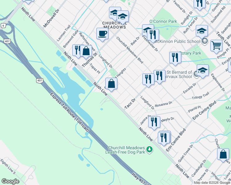 map of restaurants, bars, coffee shops, grocery stores, and more near in Mississauga