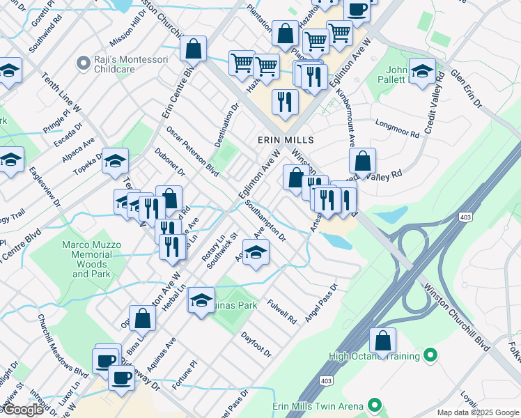 map of restaurants, bars, coffee shops, grocery stores, and more near 4965 Southampton Drive in Mississauga