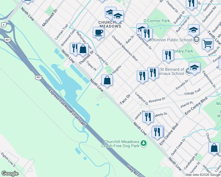 map of restaurants, bars, coffee shops, grocery stores, and more near 5548 Linwell Place in Mississauga