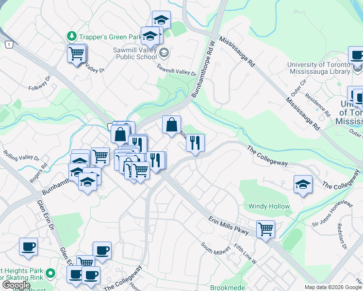 map of restaurants, bars, coffee shops, grocery stores, and more near 3500 South Millway in Mississauga