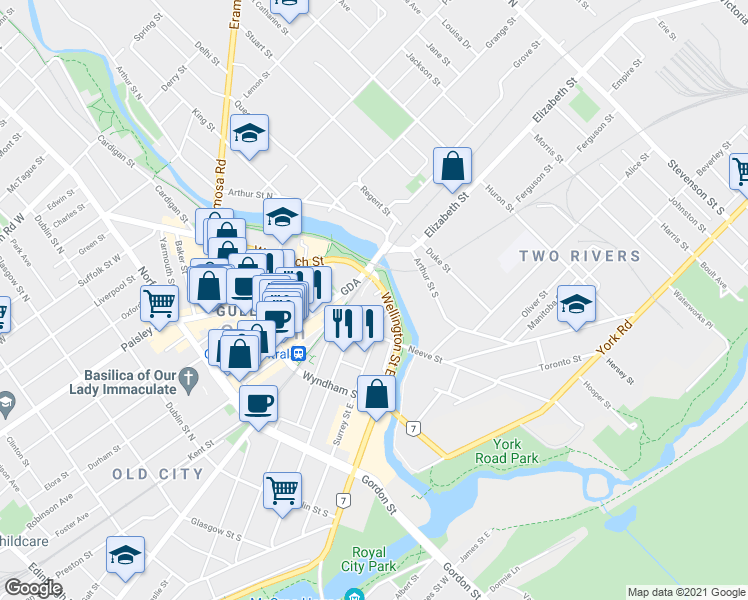 map of restaurants, bars, coffee shops, grocery stores, and more near in Guelph