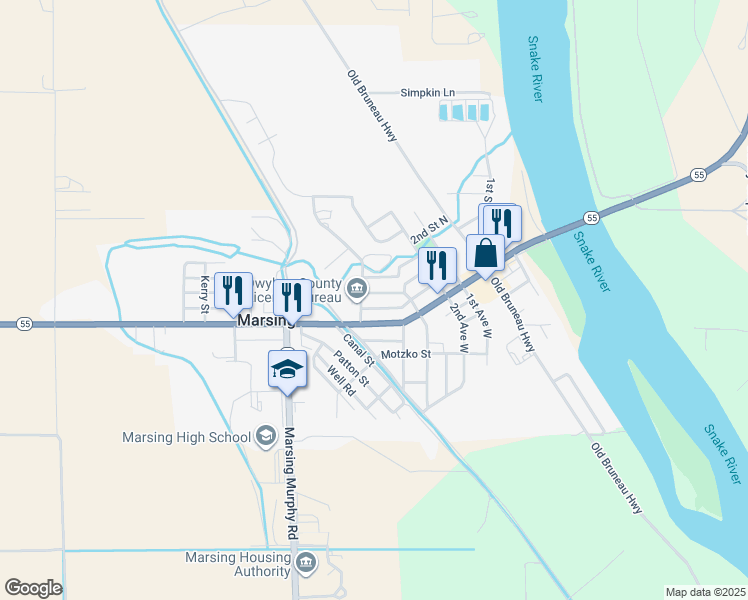 map of restaurants, bars, coffee shops, grocery stores, and more near 416 1st Street North in Marsing