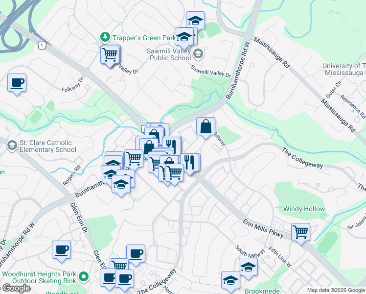 map of restaurants, bars, coffee shops, grocery stores, and more near 3500 South Millway in Mississauga