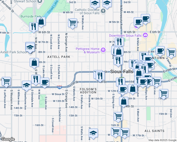 map of restaurants, bars, coffee shops, grocery stores, and more near 120 South Walts Avenue in Sioux Falls
