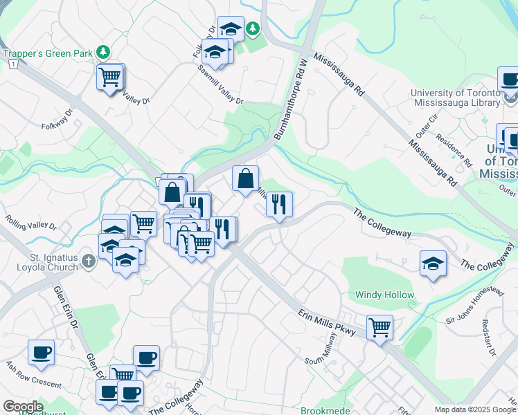 map of restaurants, bars, coffee shops, grocery stores, and more near in Mississauga