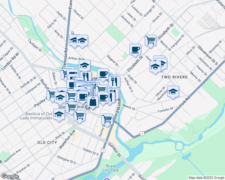 map of restaurants, bars, coffee shops, grocery stores, and more near in Guelph