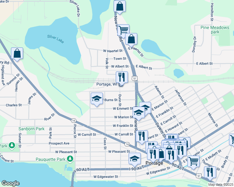 map of restaurants, bars, coffee shops, grocery stores, and more near 1205 Dunn Street in Portage