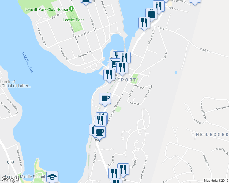 map of restaurants, bars, coffee shops, grocery stores, and more near 708 Union Avenue in Laconia