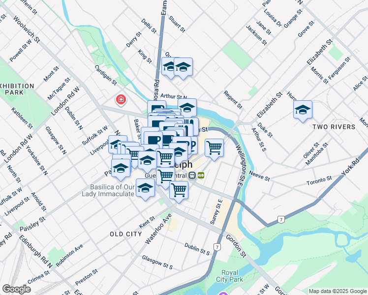 map of restaurants, bars, coffee shops, grocery stores, and more near 5 Douglas Street in Guelph