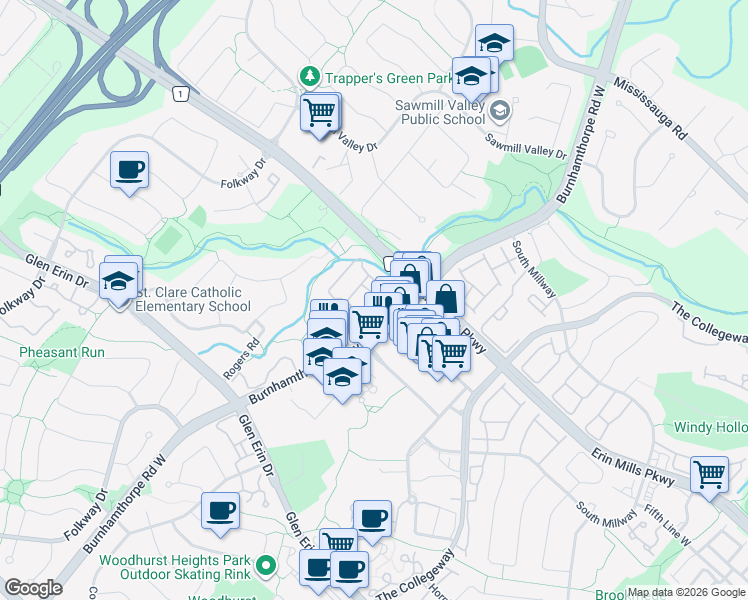 map of restaurants, bars, coffee shops, grocery stores, and more near 2199 Burnhamthorpe Road West in Mississauga