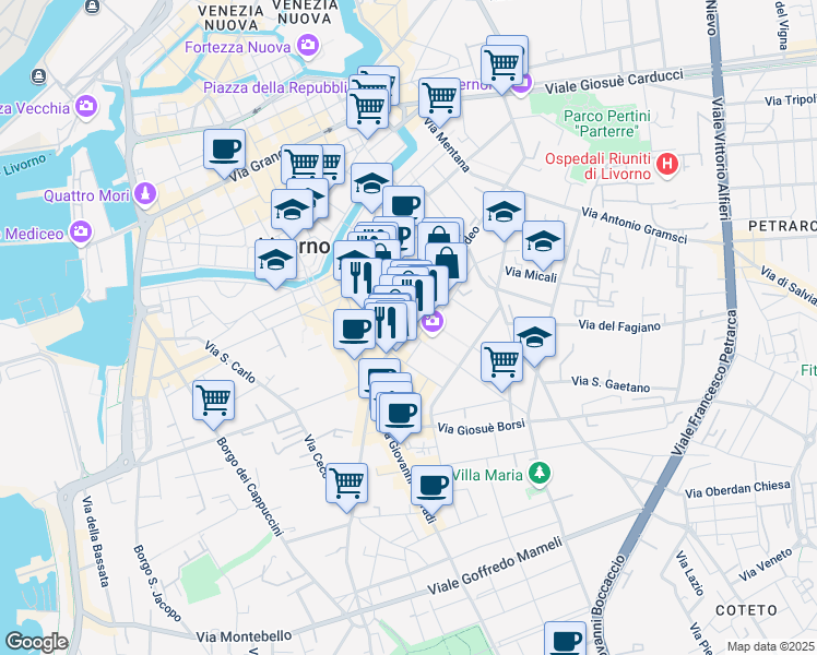 map of restaurants, bars, coffee shops, grocery stores, and more near 78 Via Magenta in Livorno