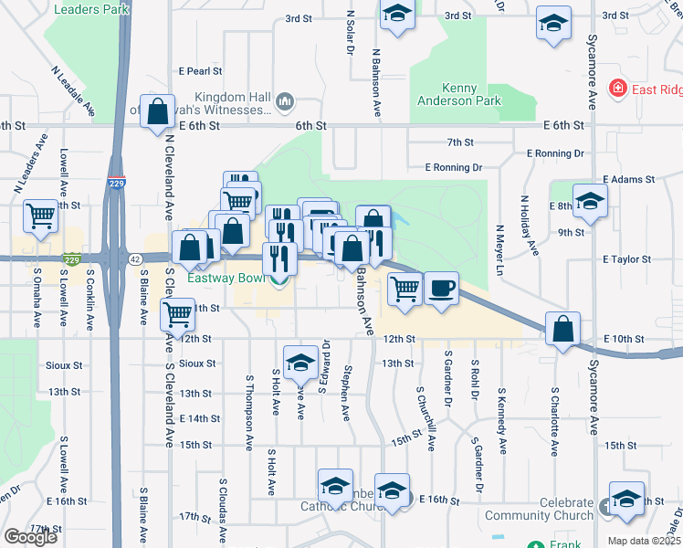 map of restaurants, bars, coffee shops, grocery stores, and more near 3401 E 10th St in Sioux Falls