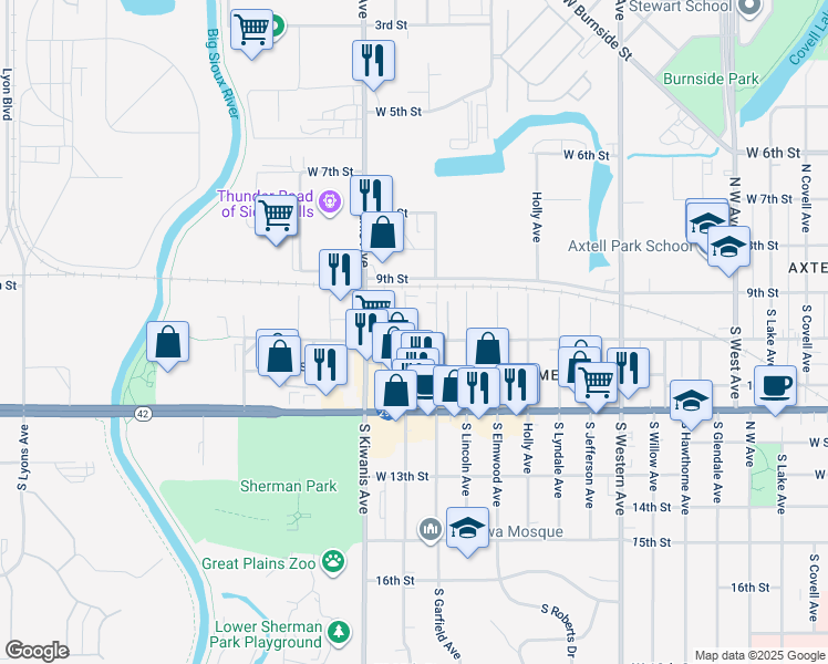 map of restaurants, bars, coffee shops, grocery stores, and more near 2408 West 10th Street in Sioux Falls