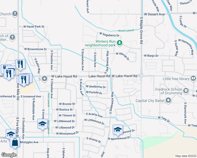 map of restaurants, bars, coffee shops, grocery stores, and more near 6232 South White Cliff Avenue in Boise