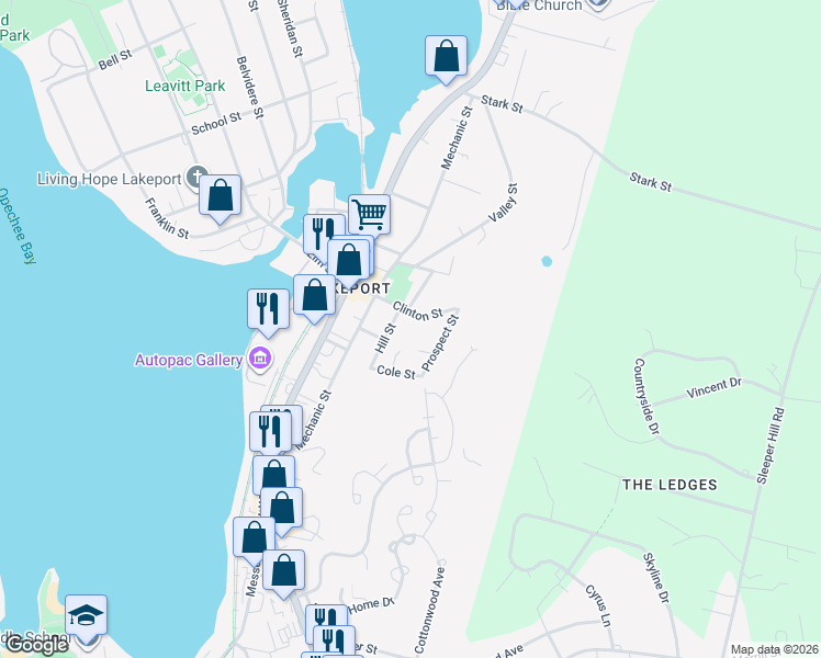 map of restaurants, bars, coffee shops, grocery stores, and more near 87 Clinton Street in Laconia