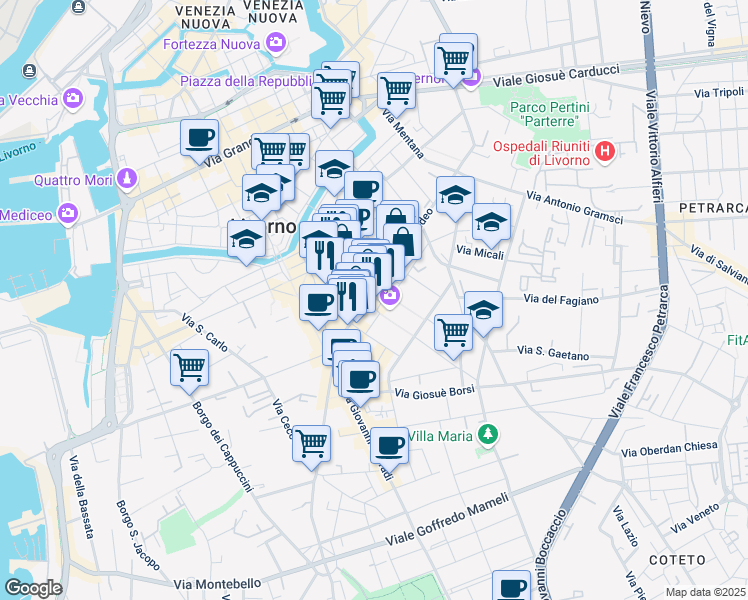 map of restaurants, bars, coffee shops, grocery stores, and more near 78 Via Magenta in Livorno