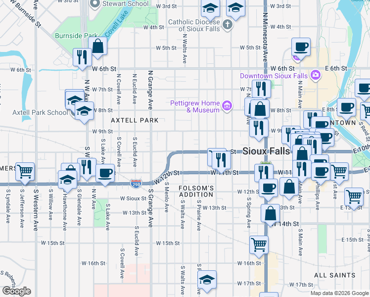 map of restaurants, bars, coffee shops, grocery stores, and more near 824 West 10th Street in Sioux Falls