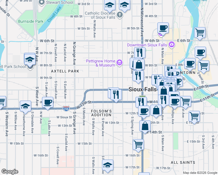 map of restaurants, bars, coffee shops, grocery stores, and more near 106 South Prairie Avenue in Sioux Falls
