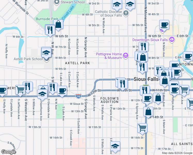map of restaurants, bars, coffee shops, grocery stores, and more near 118 South Menlo Avenue in Sioux Falls