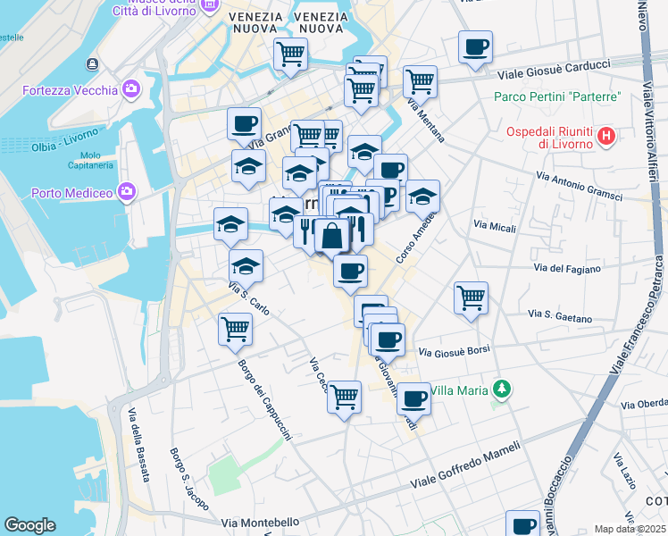 map of restaurants, bars, coffee shops, grocery stores, and more near in Livorno