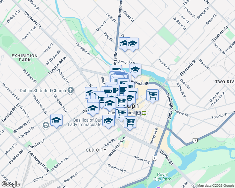 map of restaurants, bars, coffee shops, grocery stores, and more near 84 Wyndham Street North in Guelph
