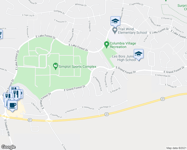 map of restaurants, bars, coffee shops, grocery stores, and more near 6162 South Peppertree Avenue in Boise