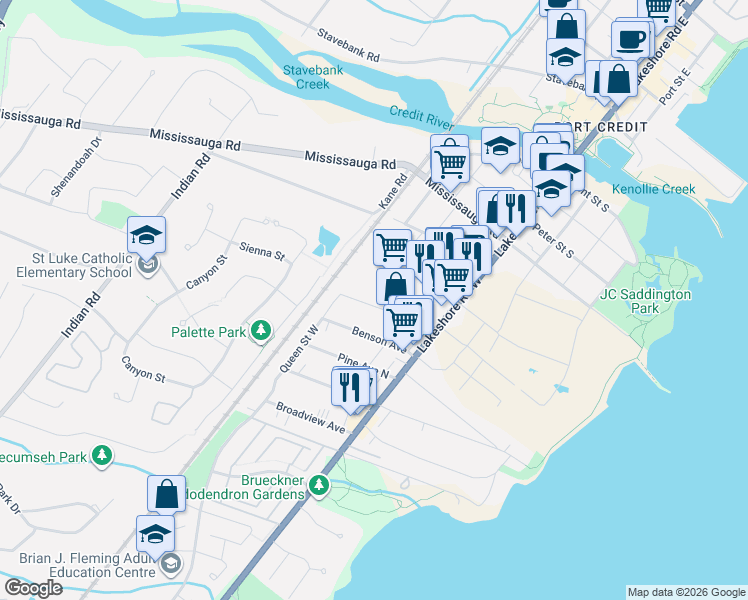 map of restaurants, bars, coffee shops, grocery stores, and more near 17 Harrison Avenue in Mississauga