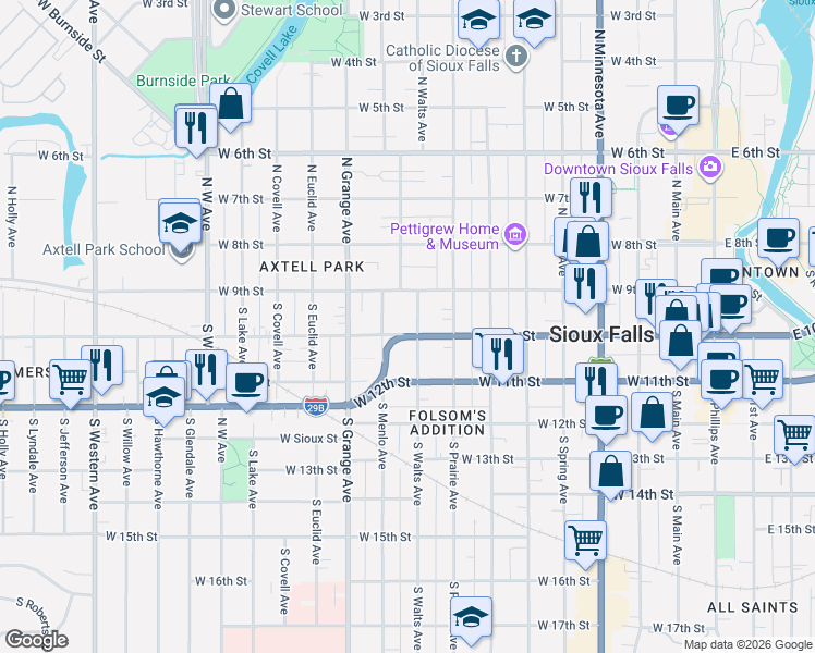 map of restaurants, bars, coffee shops, grocery stores, and more near 118 South Menlo Avenue in Sioux Falls
