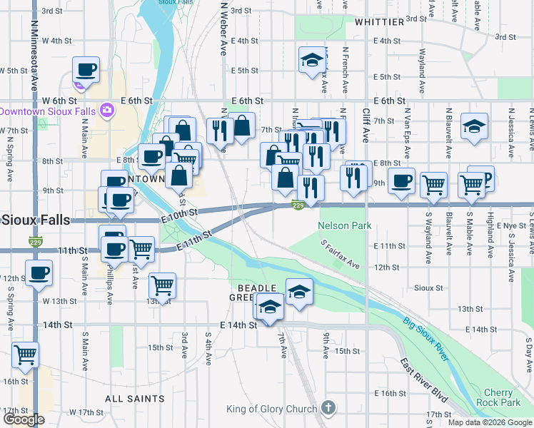 map of restaurants, bars, coffee shops, grocery stores, and more near 201 South Franklin Avenue in Sioux Falls