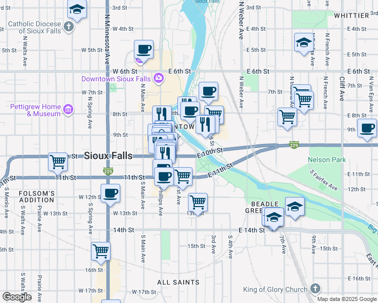 map of restaurants, bars, coffee shops, grocery stores, and more near 200 East 10th Street in Sioux Falls