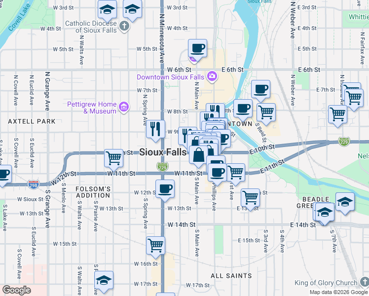 map of restaurants, bars, coffee shops, grocery stores, and more near 113 South Main Avenue in Sioux Falls