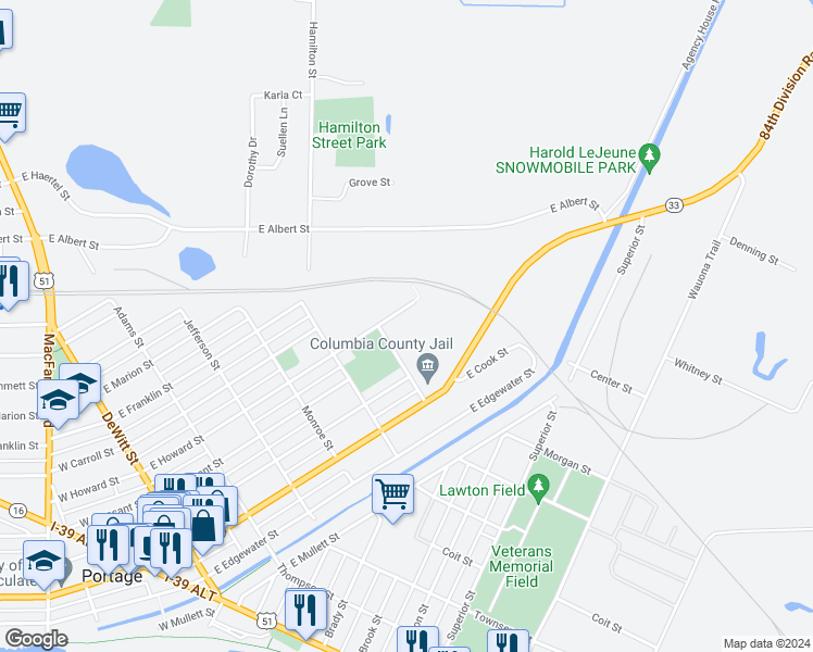 map of restaurants, bars, coffee shops, grocery stores, and more near 610 East Howard Street in Portage