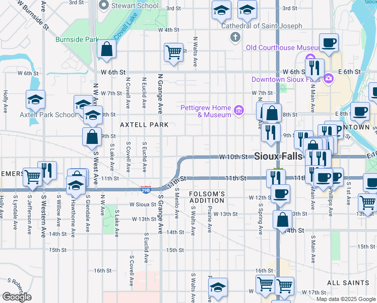 map of restaurants, bars, coffee shops, grocery stores, and more near 118 South Menlo Avenue in Sioux Falls