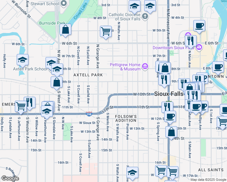 map of restaurants, bars, coffee shops, grocery stores, and more near 118 South Menlo Avenue in Sioux Falls