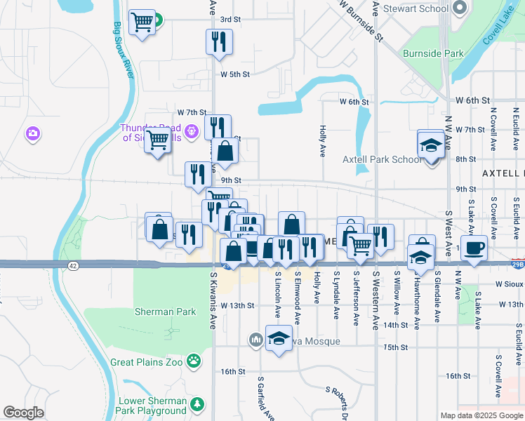 map of restaurants, bars, coffee shops, grocery stores, and more near 123 South Lincoln Avenue in Sioux Falls