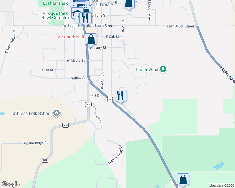 map of restaurants, bars, coffee shops, grocery stores, and more near 30 Washington Heights in Viroqua