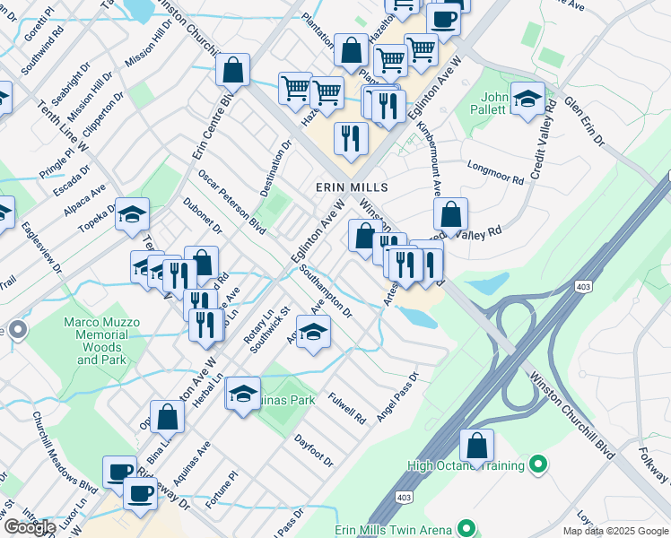 map of restaurants, bars, coffee shops, grocery stores, and more near 4861 Half Moon Grove in Mississauga