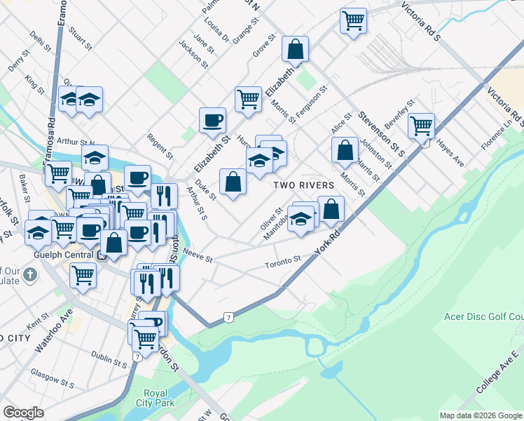 map of restaurants, bars, coffee shops, grocery stores, and more near 59 Alice Street in Guelph