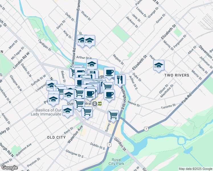 map of restaurants, bars, coffee shops, grocery stores, and more near 140 Macdonell Street in Guelph