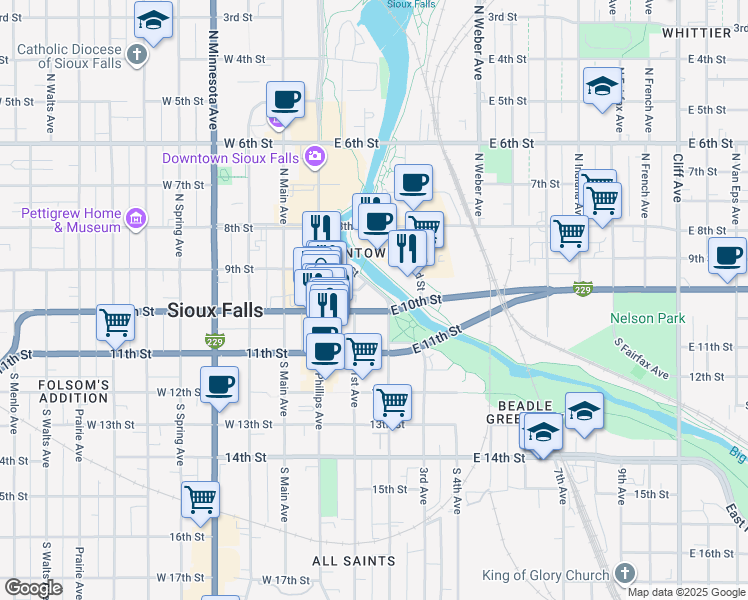 map of restaurants, bars, coffee shops, grocery stores, and more near 200 East 10th Street in Sioux Falls