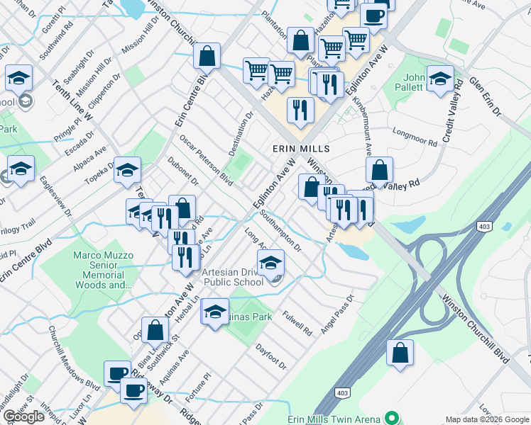map of restaurants, bars, coffee shops, grocery stores, and more near 4975 Southampton Drive in Mississauga