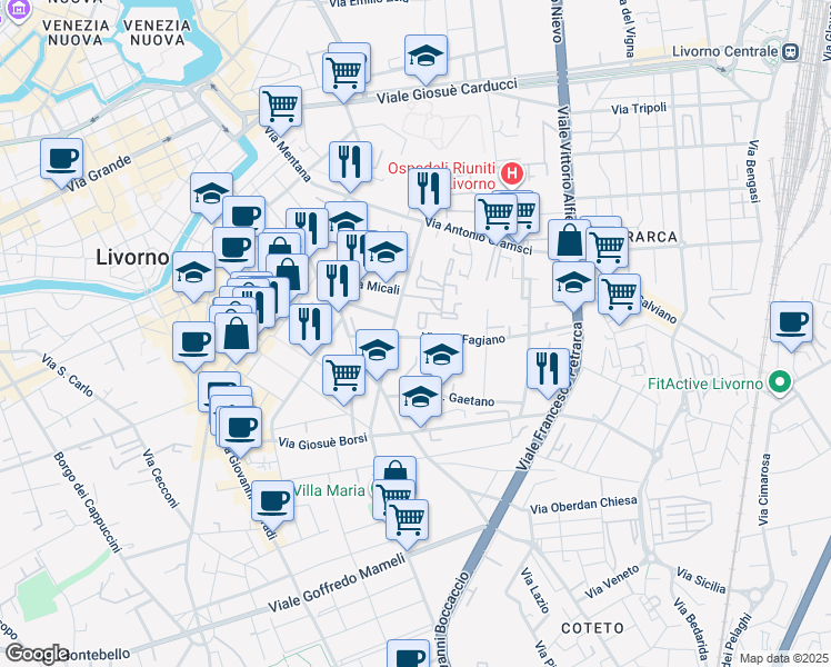 map of restaurants, bars, coffee shops, grocery stores, and more near 31 Via del Fagiano in Livorno